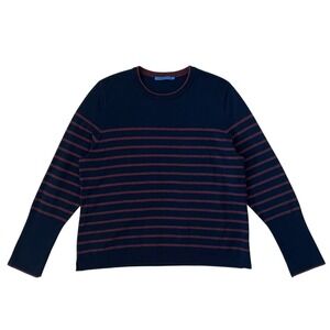 J McLaughlin Navy Burgundy Stripe Crew Neck Long Sleeve Sweater Knit Top‎ XL